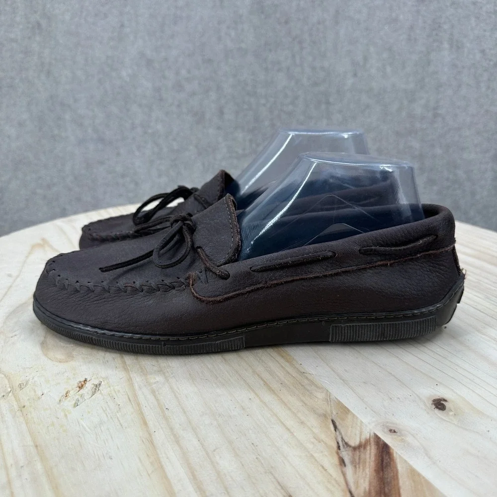 Minnetonka Moccasin Men 10 Brown Moosehide Leather Whipstitch Loafers